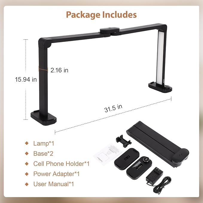 FAHKNS Large Half Moon Light for Nail Desk, 34IN Foldable LED Lamp with Phone Holder, 3000-6000K Color Temperature Adjustment, 456 Light Beads, Manicuret, Tattooing, Reading, Black