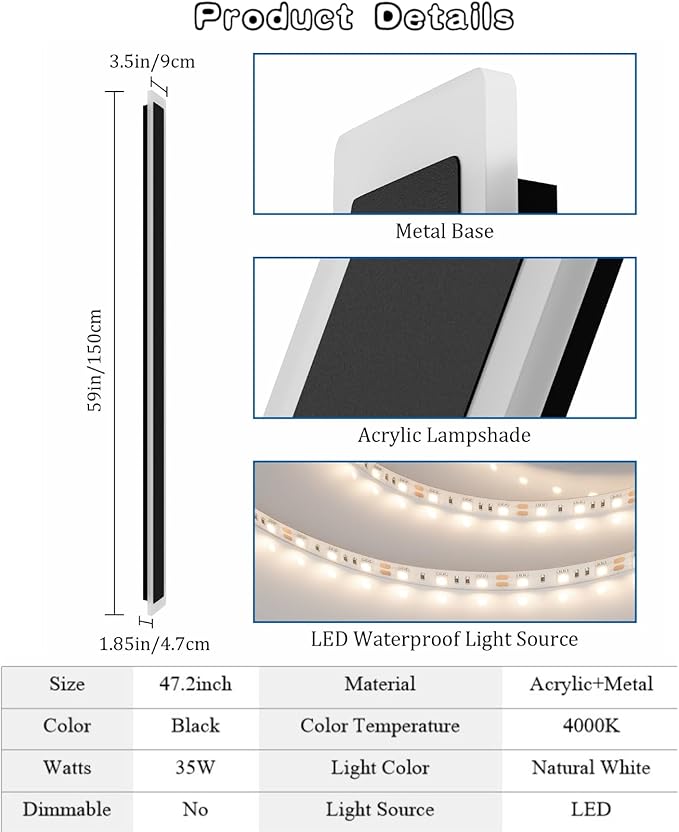 Long Outdoor Wall Light 47.2In 4000K,Modern Black Exterior Wall Mount Outdoor Lighting IP65 Waterproof for Porch Courtyard,1Pack