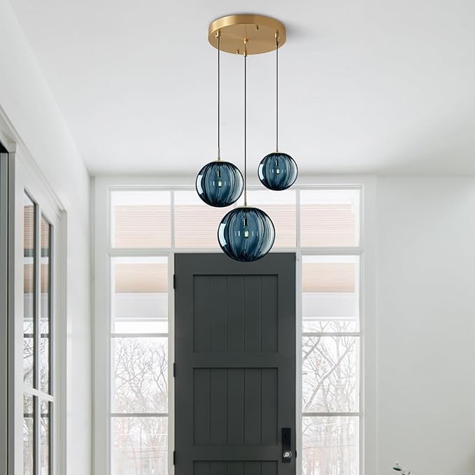 KCO Lighting Mid Century Modern 3-Lights Globe Pendant Light Fixture Brass Gold Cluster Pendant Light Kitchen Island Multi Light Pendant Lighting Ceiling Hanging Blue Glass Hanging Light