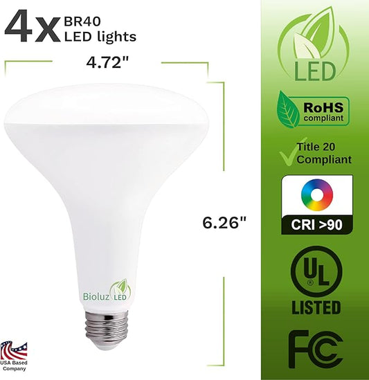 Bioluz 4 Pack LED Light Bulb BR40 Light Bulbs 2700K Warm White 90 CRI Dimmable UL-Listed CEC Title 20 Compliant 1250 Lumen Led Bulbs Outdoor/Indoor Flood Lights | Lightbulb for Outdoor Lighting