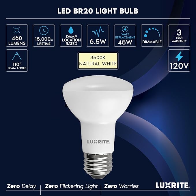 LUXRITE BR20 LED Bulb, 45W Equivalent, 3500K Natural White, Dimmable, 460 Lumens, R20 LED Flood Light Bulb 6.5W, Energy Star, Damp Rated, E26 Base, Perfect for Recessed and Track Lighting (4 Pack)