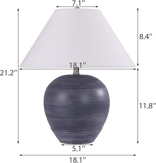 Farmhouse Ceramic Table Lamp Set of 2, 21" Rustic Table Lamp with Linen Shade, 3-Way Dimmable Bedside Nightstand Lamps for Bedroom, Living Room, E26 Socket, Black with White Striped