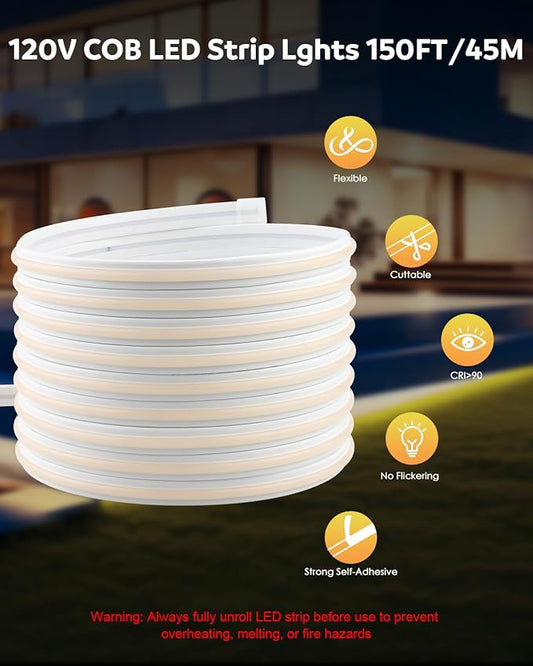Aclorol Outdoor LED Strip Lights Waterproof 150ft 1 Roll AC 110V 120V COB LED Rope Light Strip with Strong Self-Adhesive for for Indoor Outdoor Home Commercial Lighting Warm White 3000K 288led/M