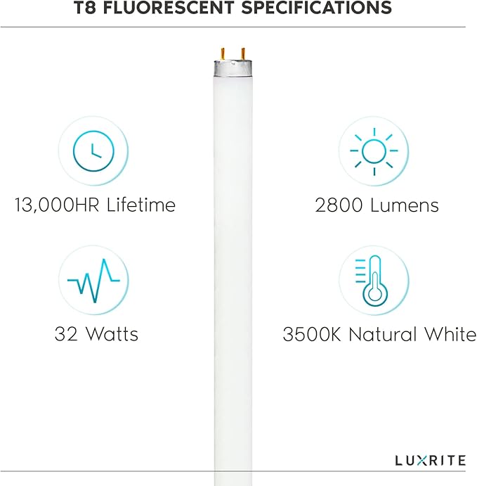 LUXRITE F32T8/835 32W 48 Inch T8 Fluorescent Tube Light Bulb, 3500K Natural White, 2800 Lumens, G13 Medium Bi-Pin Base, LR20740, 6-Pack