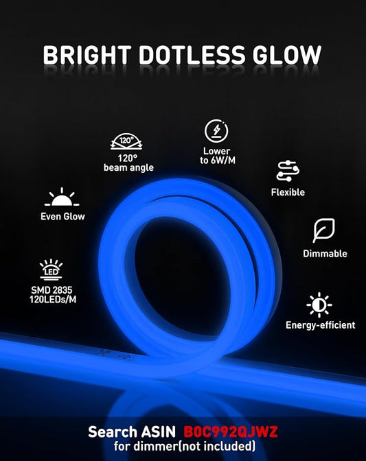 Shine Decor LED Rope Lights AC 120V, Connectable & Cuttable Dotless 120LEDs/M Eco Neon Strip Lighting, ETL IP65 Waterproof & Weather-Resistant for Home Commercial, 8x16mm, Blue, 50FT