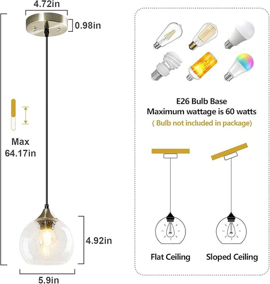 Clear Glass Pendant Lights Kitchen Island Lighting Globe Pendant Light Fixtures Modern Pendant Lighting for Kitchen Island Bedroom Living Dining Room Light Fixture(5.9in, 1-Pack)