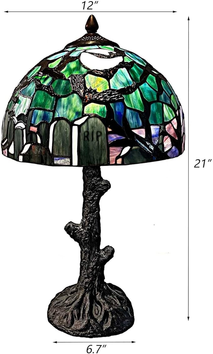 Bieye L10971 Tiffany-Style Stained Glass Table Lamp - Gothic Graveyard Scene with Bats, Full Moon, and Tombstone Design (Dark Green, 12Wx21H inch)