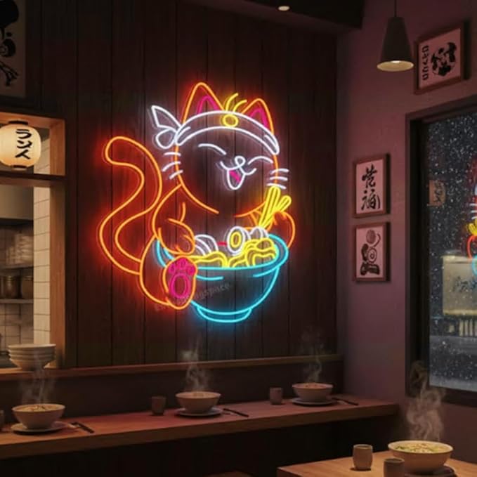 Cat Eating Ramen Neon Sign, Cat Ramen Led Sign Decor, Japanese Ramen Restaurant Wall Decor, Ramen Noodles Store LED Light Sign Wall Art Size:23inches