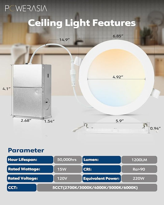 24 Pack Recessed Lighting 6 Inch with Junction Box, 5CCT 6 Inch LED Recessed Lights Dimmable 2700K-6000K, 15W 1200lm Ultra Thin Recessed Lighting - ETL and Energy Star