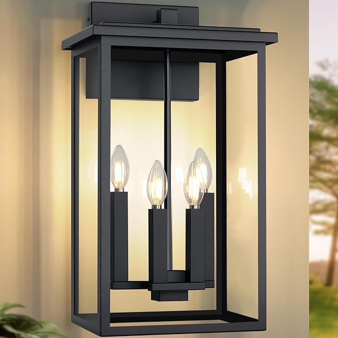 Extra Large Outdoor Wall Light Fixture,Black Outdoor Wall Sconce,Exterior Garage Lights, Modern Exterior Lights for House,Waterproof Front Porch Lanterns with Toughened Glass E12 1 Pack
