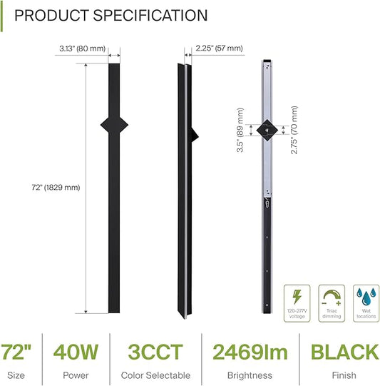 ASD LED 72" Long Wall Mount Light Fixture, Outdoor & Indoor Linear Sconce | 3CCT, Dimmable, Waterproof, Anti-Rust, ETL Listed | 40W 2400LM 3000-5000K 100-277V | Exterior Porch Lighting | Black, 2 Pack