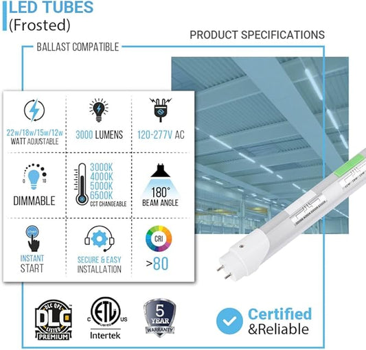 4FT T8 LED Tube Light, Type A+B, 12W/15W/18W/22W, 3000K | 4000K | 5000K | 6500K, Single and Double End Powered, Plug and Play or Ballast Bypass, 2860 Lumens, F32T8, 120-277V, Frosted Cover (24 Pack)