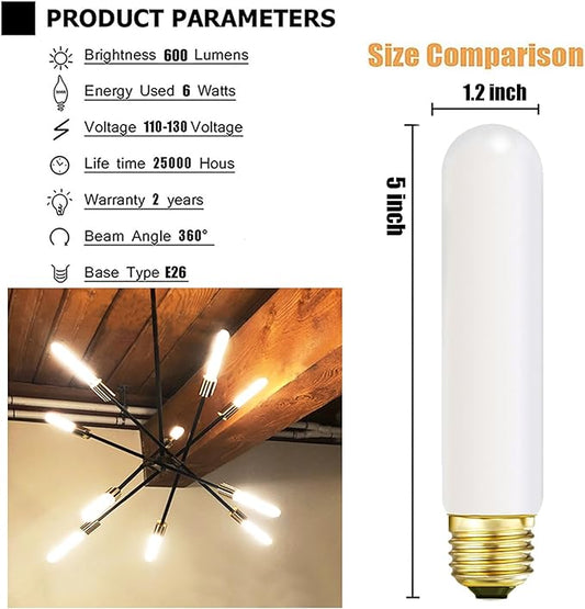 Leools T10 LED Light Bulb 6inch E26 Base Matt Opal Porcelain Warm White 2700K Dimmable Edison 8W Led Tubular Bulb,600LM,60 Watt Equivalent,Outside Frosted Glass,for Cabinet Display Cabinet etc,6 Pcs.