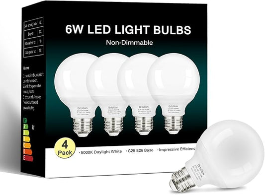 G25 LED Light Bulb, Round Vanity Light Bulbs for Bathroom, 40W LED Equivalent, Daylight White 5000K, Globe Light Bulbs E26 Base, 600LM, Non-Dimmable, 4-Pack