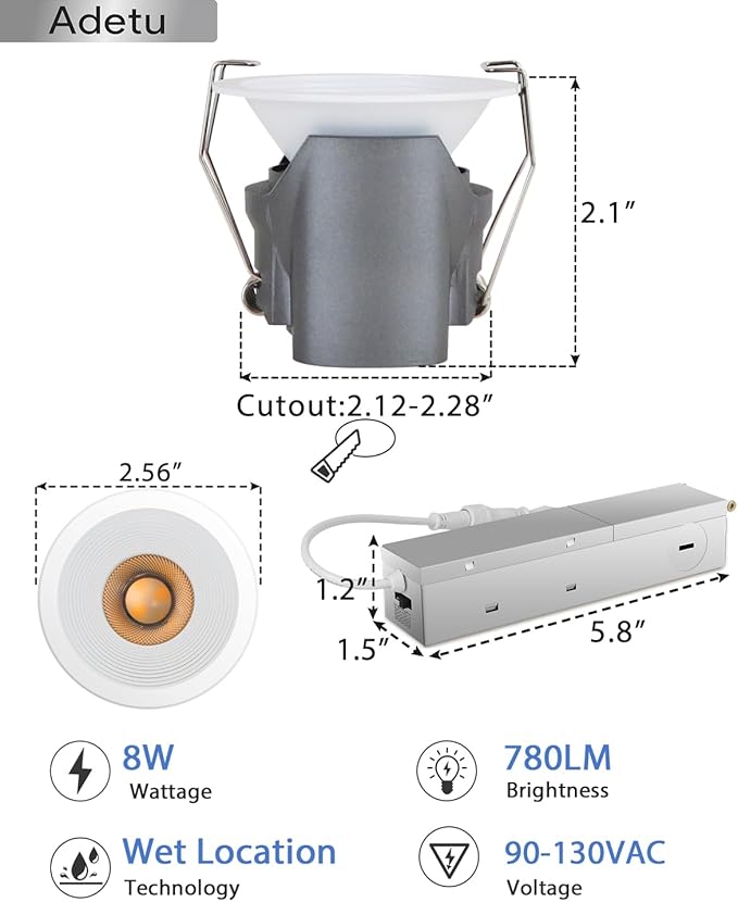 Adetu 2 Inch 5CCT White LED Recessed Ceiling Light with Junction Box, 2700K/3000K/4000K/5000K Selectable, CRI90, 8W COB, 780LM, Dimmable Canless IP65 Waferproof Downlight-ETL&FCC (White, 12 Pack)