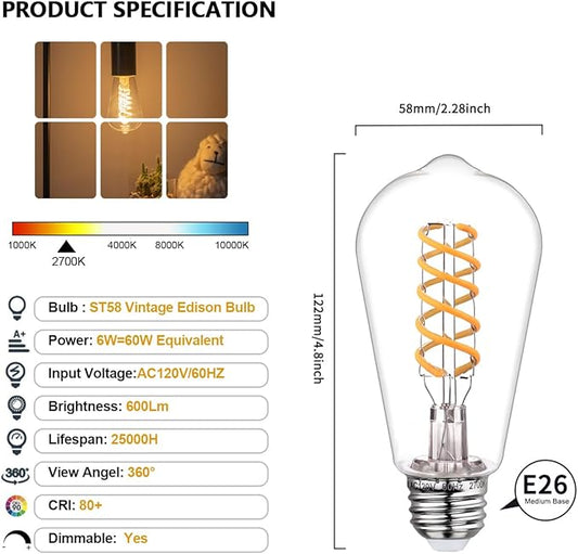 BORT Dimmable LED Edison Bulbs,2700K Warm White, 6W Equivalent to 60W Vintage Light Bulbs, Antique Flexible Spiral LED Filament Decorative Light Bulbs