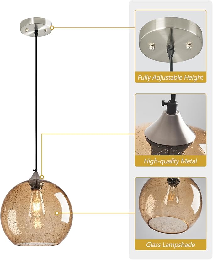 Light Brown Glass Pendant Lights Kitchen Island Globe Pendant Light Fixtures Modern Pendant Lighting for Bedroom Living Dining Room Light Fixture (9.84 in, 2 Pack)