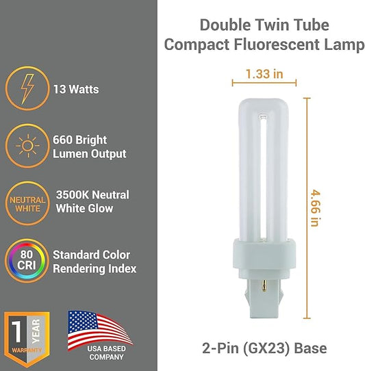 Diodesy- PLD Double U-Shaped Twin Tube CFL Bulbs 13W 660 Lumens Plug-in GX23-2 2-Pin Base 3500K Neutral White Pack of 10- Compact Fluorescent Light Bulb