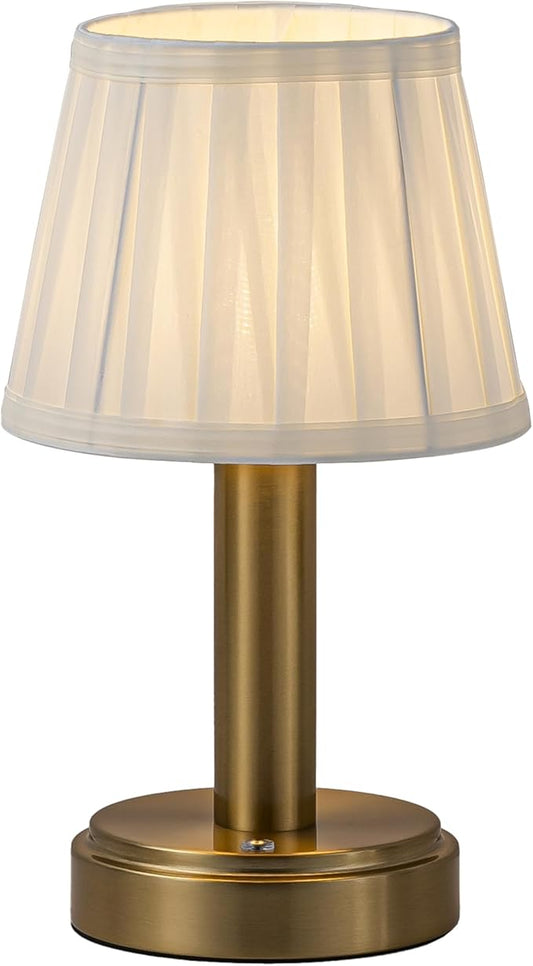 11'' Vintage Antique Brass Type-C Rechargeable Cordless LED Table Lamp Touch Control Mini Desk Lamp with Fabric ShadeDimmable Nightstand Light for Bedroom Living Room Study Room