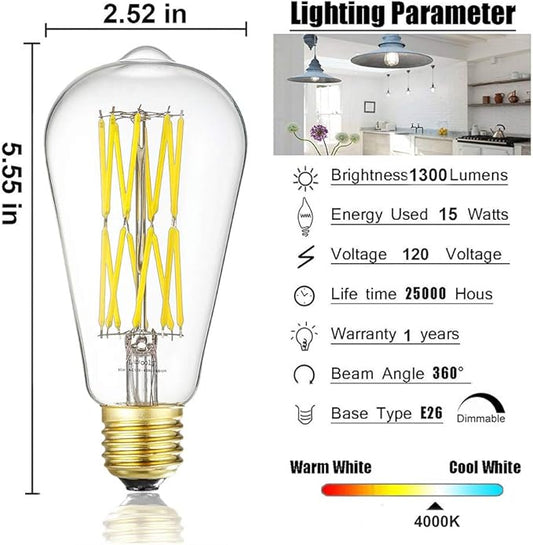 Leools Vintage LED Edison Dimmable 15W Led Filament Light Bulbs ST64 1300 Lumen 4000K Daylight White 100-120 Watt Equivalent,E26 Base Decorative Antique Lamp for Home Bathroom Bedroom 4 Pack