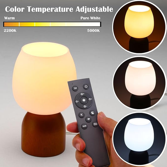 Small RGB Table Lamp for Bedroom, Remote Control Color Changing Desk Lights, with White Opal Glass Lamp Shade, for Living Room Nightstand,Light Brown