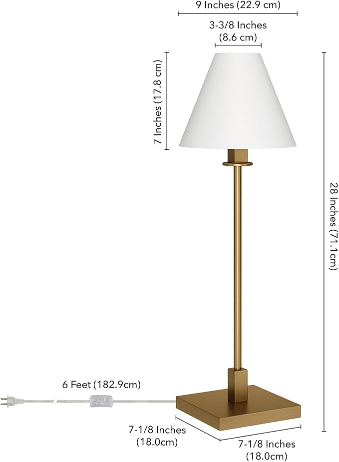 Henn&Hart 28'' Modern 1-Light Table Lamp with White Fabric Cone Shade for Dining Room, Living Room, or Office, Brass/White