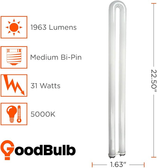 GoodBulb 31 Watt 1.63 Inch T8 Fluorescent U-Bend Light Bulb | 5000K Daylight White Light Medium Bi-Pin Base | High Output 1963 Lumens | 31W 10000 Life Hours 80 CRI | Pack of 12 Bulbs