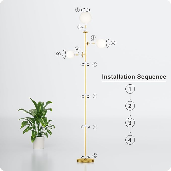 Floor lamp with 3 Frosted Glass Shades,Stangding Lamp Floor Lamps for Living Room Bedroom Office with 3 led Bulbs,Tall lamp with Foot Switch (Gold)