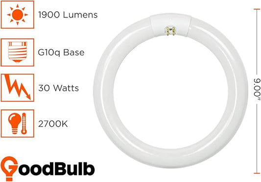 GoodBulb 30-Watt 9 Inch T9 Fluorescent Circline Light Bulb 2700K Warm White Light Color G10q Base High Output 1900 Lumens 30W 10000 Life Hours 80 CRI Pack of 10 Bulbs