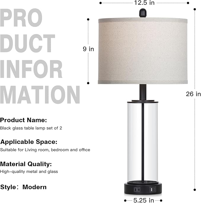 26" Black Glass Table Lamps Set of 2, 3-Way Dimmable Touch Control Living Room Lamp with USB C+A Ports & AC Outlet, Modern Bedside Lamps, Elegant Bedroom Lamps for Nightstand Side End Table Desk
