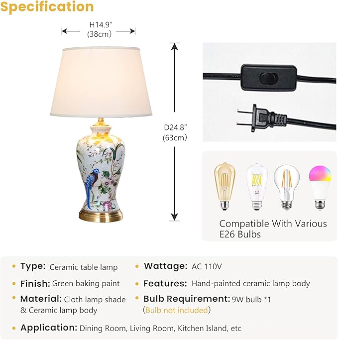 White Flower & Bird Ceramic Table Lamp,Hand-Painted Chinoiserie Lamp, Fabric Lampshade Nightstand Lamp for Bedroom Living Room Office College Bookcase