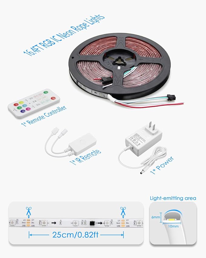 16.4FT RGB IC LED Strip Lights for Bedroom 12V Addressable Smart LED Light Strip Color Chasing Waterproof LED Light with Segmented APP Control Music Sync Strong Adhesive for Gaming Living Room