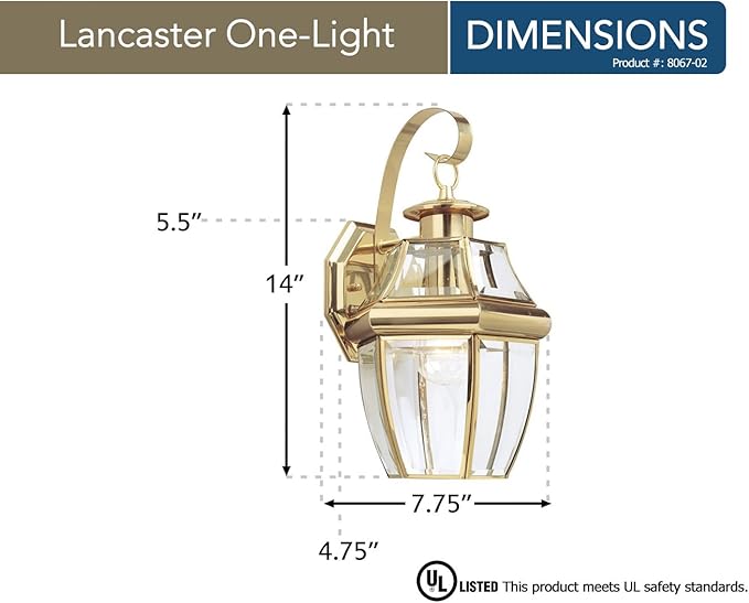 Generation Lighting 8067-02 Lancaster Traditional One - Light Outdoor Wall Lantern Outside Fixture, Polished Brass Finish