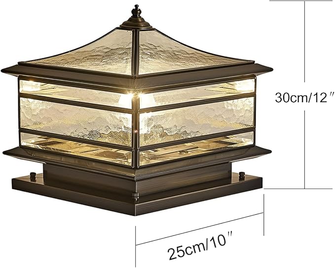 All Copper Steel Glass Outdoor Post lights, Waterproof Pillar Light, Vintage Patio Lawn Column Lamp,outdoor column lights,Deck Lights, Lantern Fence Lamp Fixture E26 Base (Wiring E26 Base, 10X10in)