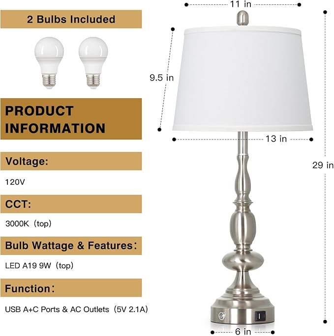 29" Tall Modern Silver Table Lamps Set of 2, 3-Way Dimmable Touch Living Room Lamp with USB A+C Charging Port, Brushed Nickel Metal Farmhouse Bedside lamp for Bedroom Nightstand Side Table Desk Office