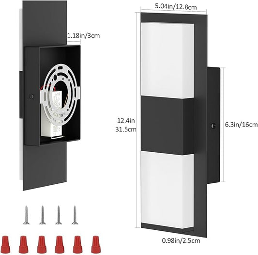 12.4 inches Outdoor Led Wall Light, 30W 3000K Hardwired Porch & Patio Aluminum Sconces with Frosted Acrylic Lampshade,IP65 Waterproof Exterior Wall Lamp for Garage,Front Door(Black,2Pack)