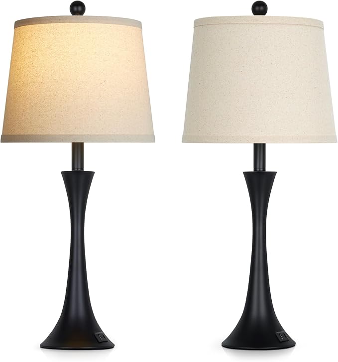 27.5" Black table Lamps for Living Room, Touch Control 3-Way Dimmable Bedside Nightstand Lamps Bedroom Lamp,Modern Black Table Lamp with USB A+C Ports,Tall Lamps for Living Room End Table(1Pack)