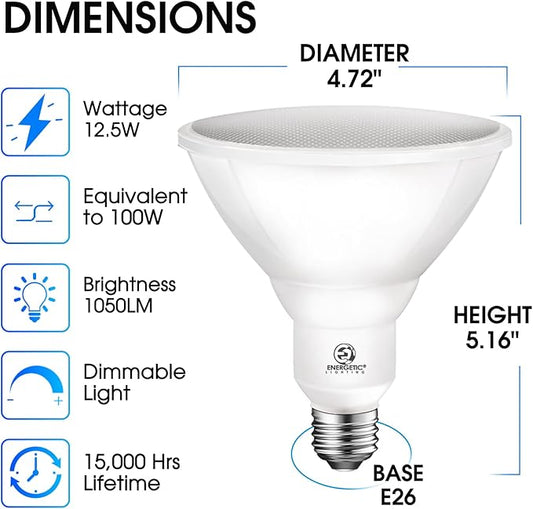 Energetic LED PAR38 Outdoor Flood Light Bulb Home Residential Patio Driveway Light, PAR38 LED Bulb, 5000K Daylight Dimmable, 100W Equivalent 12.5W, Wet-Rated, 1050 Lumen, E26 Base, ETL, 6 Pack