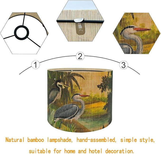 Bamboo Lampshade With Tropical colorful Funky Decorative, idea For Floor And table Lamps, Art deco livingroom bedroom office, Rustic And Retro, Size 11.8Inch (Herons)