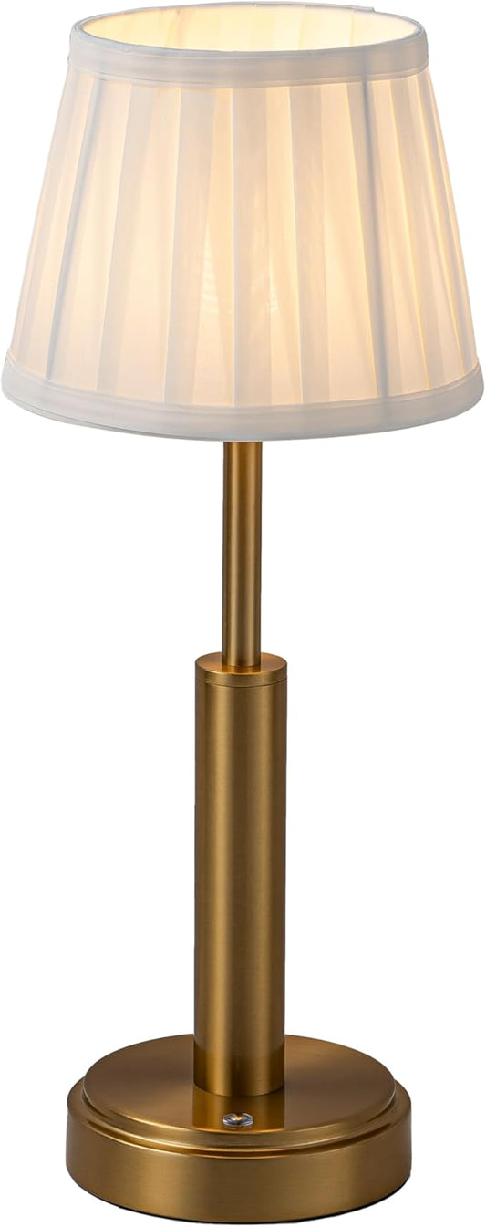 16'' Vintage Fabric Shade Rechargeable LED Table Lamp Touch Control Cordless USB Nightstand Lamp in Antique Brass with Stepless Dimming for Bedroom Dorm Living Room