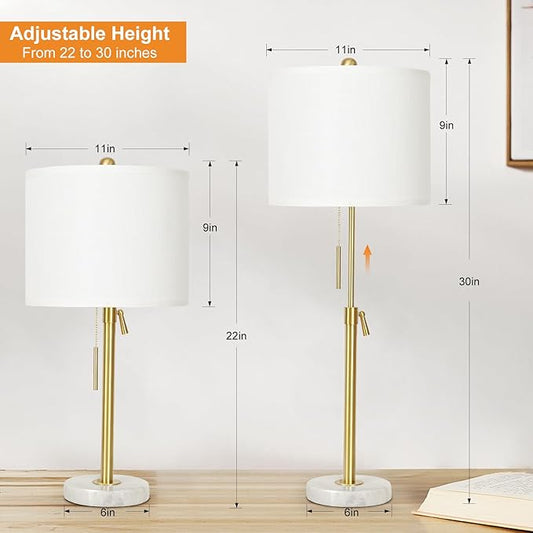Table Lamps for Bedrooms Set of 2, 22" to 30" Height Adjustable Nightstand Lamps with Linen Shade, Pull Chain Switch Lamps for Living Room, 3 Way Dimmable Beside Lamp