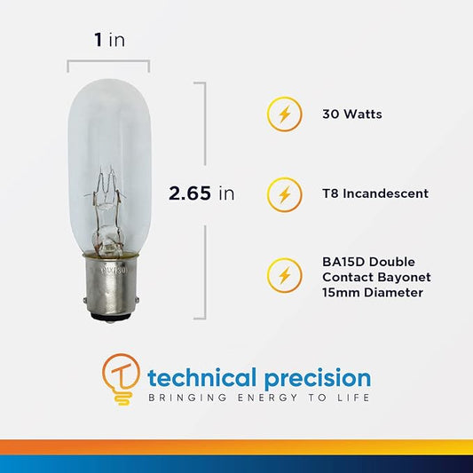 Technical Precision 30W 24V Incandescent Bulb Replacement for Perko 0374002clr Miniature T8 Bulb - BA15D Double Contact Bayonet Base - Marine Navigation Bulb - Clear - 1 Pack