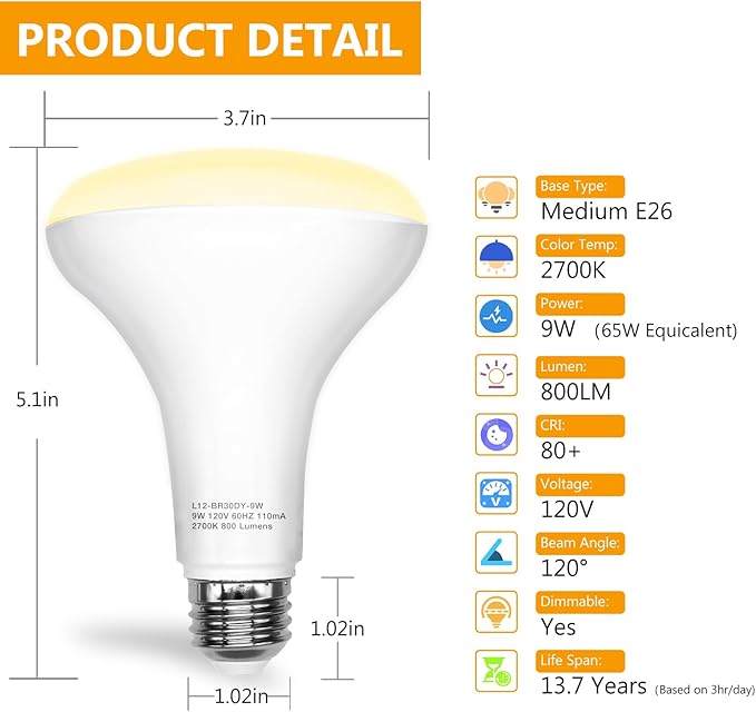 DAYBETTER BR30 led Light Bulb, Dimmable LED Bulbs 65W Equivalent, 2700K Warm White Light Bulbs Indoor Flood Light for Bedroom Kitchen Living Areas Hallway, 800 Lumens, E26 Standard Base, 24 Pack