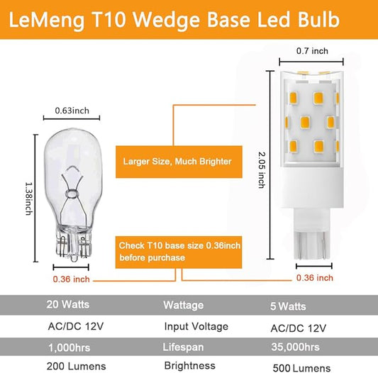 50watt T10 Wedge Base 921 LED Light Bulb 5W 500lm,2700K Warm White,12VAC/DC for Outdoor Landscape Path,Automotive RV Camper Trailer Motorhome 5th Wheel Marine Boat Dome Fixture Lighting-6 Pack