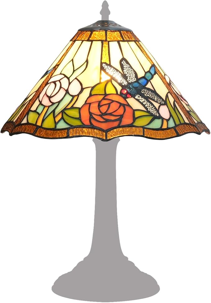 Tiffany Style Lamp Shade, 12 Inch Dragonfly Roses Stained Glass Lamp Shade Replacement Vintage Lamp Cover Accessories Fit for Table Lamp Pendant Light Ceiling Light