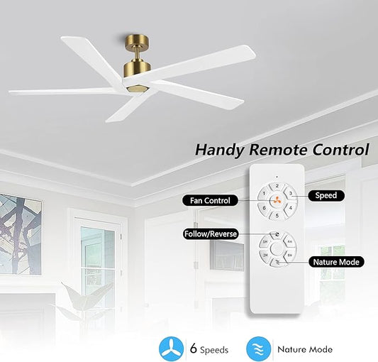 WINGBO 54 Inch DC Ceiling Fan without Lights, 5 Reversible Carved Solid Wood Blades, 6-Speed Noiseless DC Motor, Ceiling Fan No Light with Remote, Brass Finish with White Blades, ETL Listed