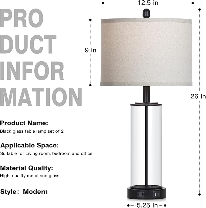 26" Black Glass Table Lamps Set of 2, 3-Way Dimmable Touch Control Glass Lamps for Living Room, Modern Bedroom Lamp with USB C+A Ports & Outlet, Classic Bedside Lamp for Nightstand Side End Decoration