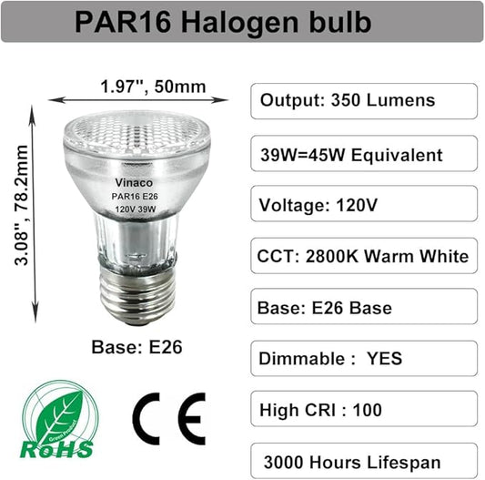 Vinaco PAR16 Halogen Bulb 39 Watt, 6 Pack High Output 350LM PAR16 Bulb(45W Equivalent, PAR16 Flood 39W Warm White 2800K, PAR 16 Dimmable with E26 Base, Halogen 45W Long Neck for Ceiling Light