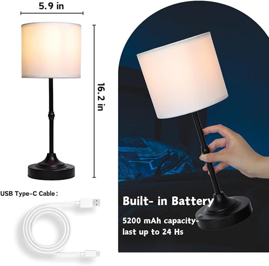 Rechargeable Table Lamp, Cordless Touch Lamps, Portable Desk Light with Stepless Dimmable Brightness & Fabric Shade for Nightstand Bedside Living Room (Black, Straight)