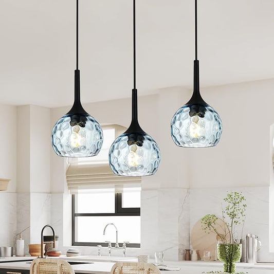 3 Pack Fixture Replacement Globe Shade, 6 Inch Diameter, E26 Base Blue Hammered Glass, Glass Globe Lampshade Cover for Pendant Chandelier Vanity Light No Hardware